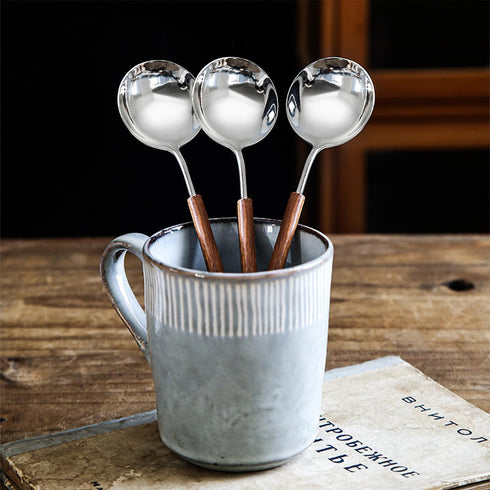 Retro Wooden Handle Spoon,Stainless Steel Serving Tablespoons,Wooden DinnerSpoon,Silver Silverware With Brown Handle,4 Pcs....