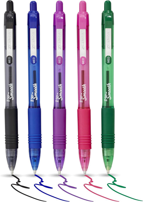 Zebra Pen Z Grip Smooth Multi- Coloured & Black Ballpoint Pens, Smooth & Comfortable Retractable Pens With Pocket Clip, Multipack Biro Pens - Medi...