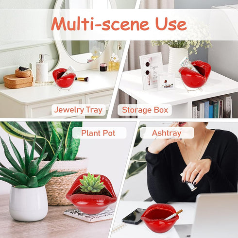 Trycooling Ceramic Red Lips Lipstick Ring Holder Jewelry Tray Rack Decorative Cosmetic Storage Display Holder Desktop Hairpin Storage Organizer Bi...