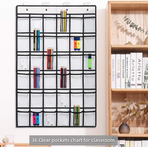 36 Clear Pockets Classroom Pocket Chart for Cell Phones, Pocket Chart for Calculator Phone Holder with 36 Number Stickers and Hooks (White)...