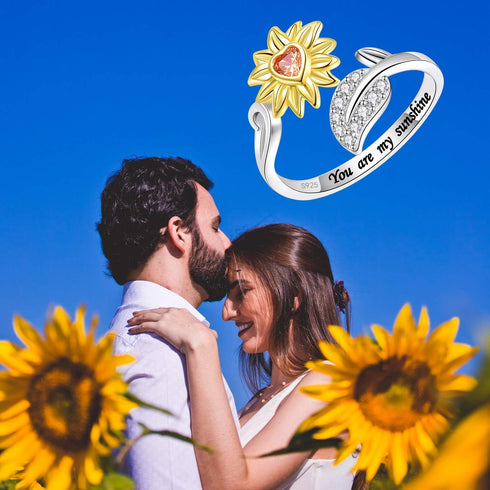 BEILIN You Are My Sunshine Sunflower Ring for Women S925 Sterling Silver I Love You Forever Promise CZ Heart Ring Adjustable Wrap Open Ring...