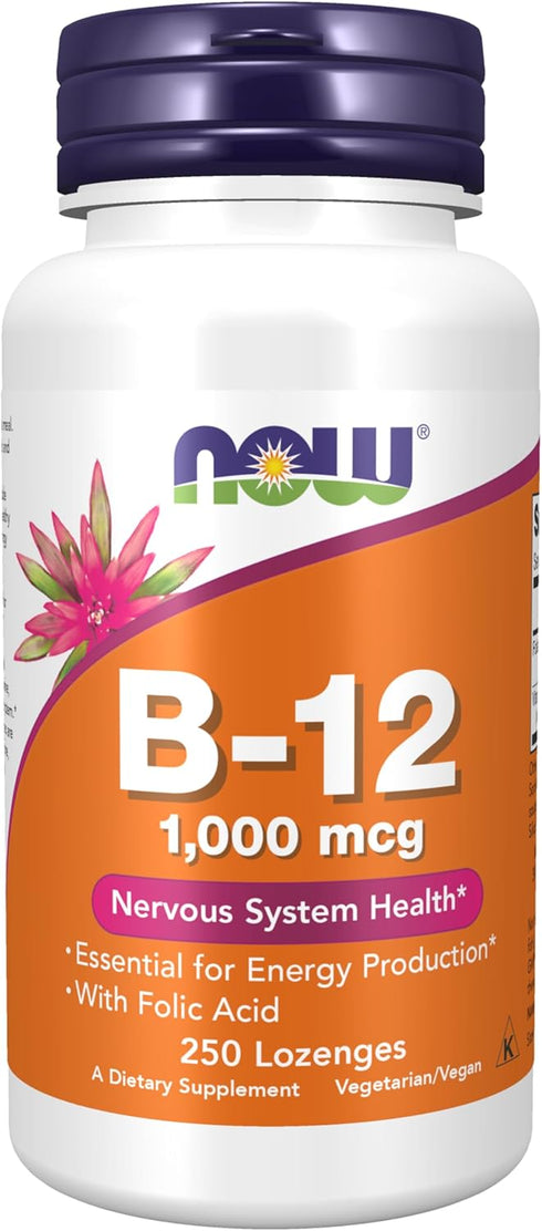 NOW Supplements, Vitamin B-12 1,000 mcg with Folic Acid, Nervous System Health*, 250 Chewable Lozenges...