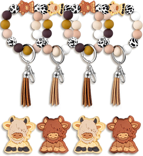 4 Pcs Highland Cow Wristlet Keychain Highland Cow Gifts for Women Girls Cute Silicone Cow Print Bead Bracelet Keychains...