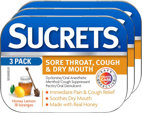 Sucrets Sore Throat & Cough Lozenges, Honey Lemon, 18 Count (3 Pack)...