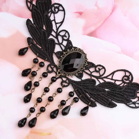 Boho Lace Chain Necklace Black Fringe Crystal Necklace Choker Gothic Drape Crystal Lace Choker Necklace Vintage Cz Waterdrop Necklace Chain Jewelr...