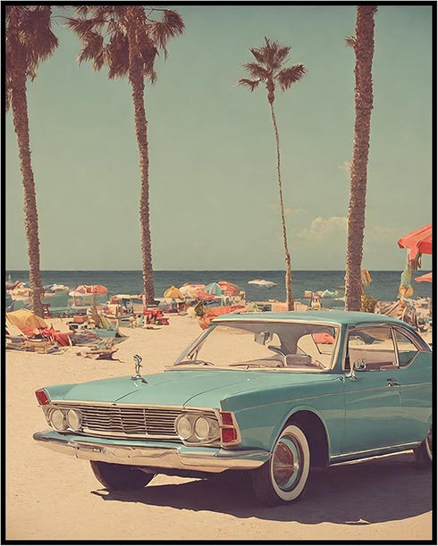 Posterizer 1 pcs-vintage retro cars on the beach poster 2-Retro Art-Landscape & Nature Art- Gift for Nature, Surfers and Beach Lovers- unframed wa...