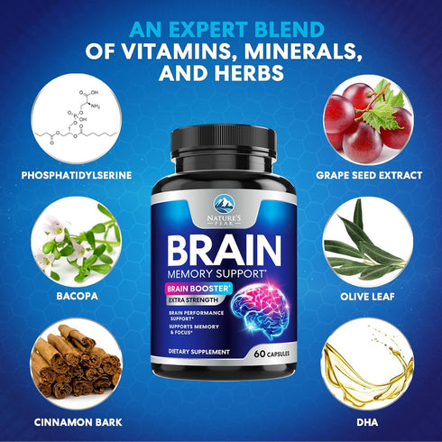 Brain Supplements for Memory and Focus, Nootropic Support for Concentration, Clarity, Energy, Brain Health with Bacopa, Cognitive Vitamins, Phosph...
