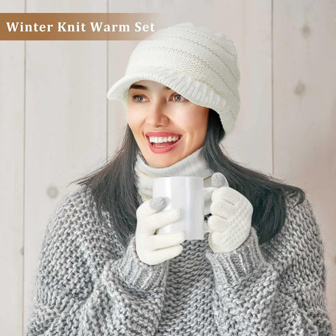 2 Sets Winter Knit Hats Gloves Scarf for Women Ribbed Knit Hat with Brim Winter Beanie Slouchy Women Touch Screen Gloves and Fleece Neck Warmer Sc...