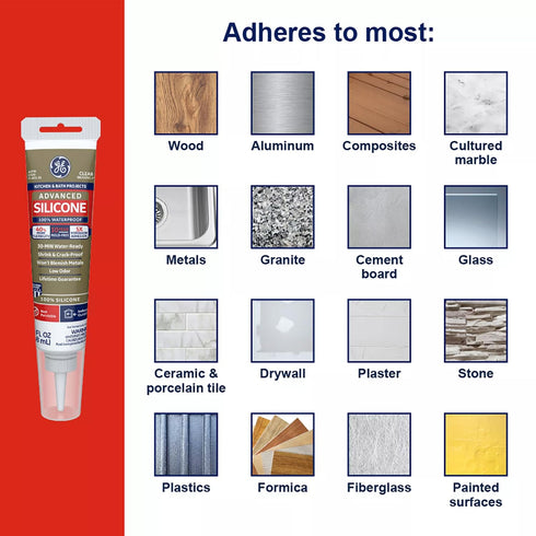 GE Advanced Silicone Caulk for Kitchen & Bathroom - 100% Waterproof Silicone Sealant, 5X Stronger Adhesion, Shrink & Crack Proof - 2.8 fl oz Tube,...