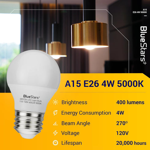 BlueStars A15 LED Refrigerator Light Bulb 4W (40 Watt Equivalent) E26 Base Non-Dimmable 400lm 120V Appliance Bulb, 5000K Daylight, Waterproof for ...