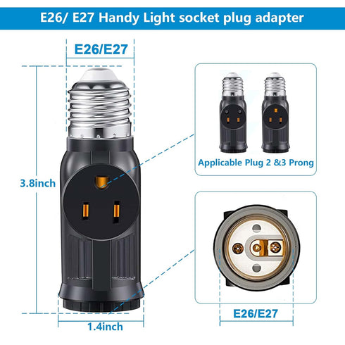 Lamp/Light Bulb Adapter, Black, E26/E27 to 2/3 Prong Plug Splitter for Indoor/Outdoor Use...