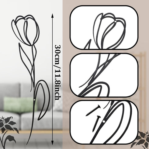Blulu 4 Pcs Cast Iron Flower Wall Decor 11.81 Inches Metal Wall Hangings Black Minimalist Wire Signs Mid Century Modern Elegance Wall Accents Easy...
