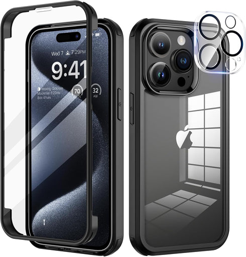 seacosmo for iPhone 15 Pro Case, Full-Body Protective with Built-in Tempered Glass Screen Protector + Camera Lens Protector, Military Grade Protec...