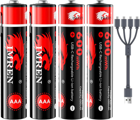 Imren USB-C Rechargeable AAA Batteries,1.5V Rechargeable Lithium AAA Batteries, 600mwh AAA Lithium Batteries Rechargeable,1 Hours Quick Charge, 4-...