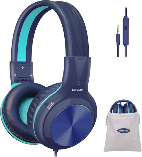 SIMOLIO Headphones Wired for Kids School Travel, Safe Volume 85dB/94dB/104dB, Over-Ear Boys Headphones with Microphone & Shareport, Foldable Sturd...