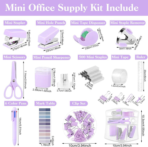 Mini Office Supplies, Purple School Supplies with Sticky Notes,Mini Stapler,Tape Dispenser,Hole Punch,Staple Remover,Staples,Clips,Scissor,Pen (Pu...