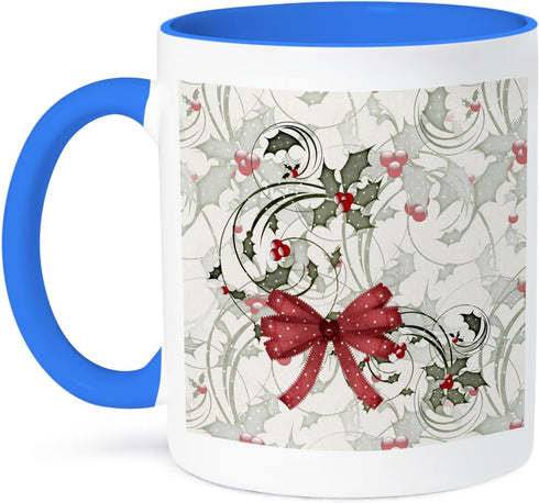 3dRose Elegant Christmas Holly and Berries Pattern Bow and Winter Greenery Two Tone Mug, 11 oz, Blue...