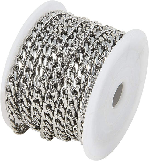LiQunSweet 5m (16.4 Ft) Stainless Steel Unfinished Curb Chains Unwelded with Spool for Women Men Necklace Bracelet Jewelry Making - 9x6mm...