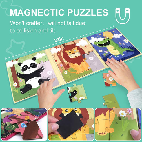 Magnetic Puzzles for Kids Ages 3 4 5, Advanced Version 9-12-16 Piece Animal Wooden Jigsaw Puzzles Book for Toddlers, Travel Games, Preschool Educa...