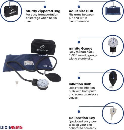 Dixie Ems Deluxe Aneroid Sphygmomanometer Blood Pressure Set W/Adult Cuff, Carrying Case and Calibration Tool - Navy...