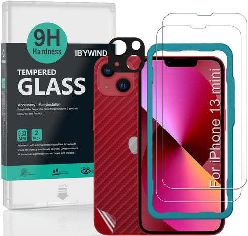 Ibywind Screen Protector For iPhone 13 Mini (5.4 Inches),with 2Pcs Tempered Glass,1Pc Camera Lens Protector,1Pc Backing Carbon Fiber Film [Fingerp...