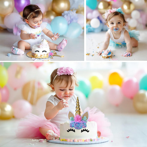 Unicorn Cake Topper,Handmade Party Cake Decoration Supplies with Eyelashes and stack,Reuasble Gold Horn for Birthday Party,Baby Shower, Wedding...