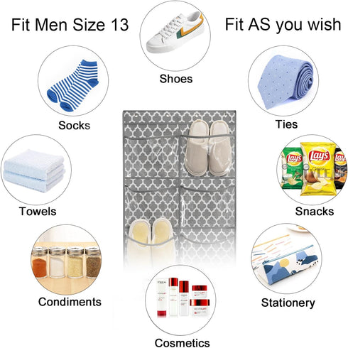 Clear Crystal 2 Pack 12Pockets Large Hanging Shoe Organizer Over The Door Shoe Rack for Closet Door Storage Shoe Holder Hanger, 8Hooks, White (59'...