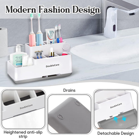 Toothbrush Holder with Anti-Slip, Bathroom Organizer Countertop Detachable for Easy Cleaning, Multifunctional Storage, Bathroom Caddy for Toothpas...