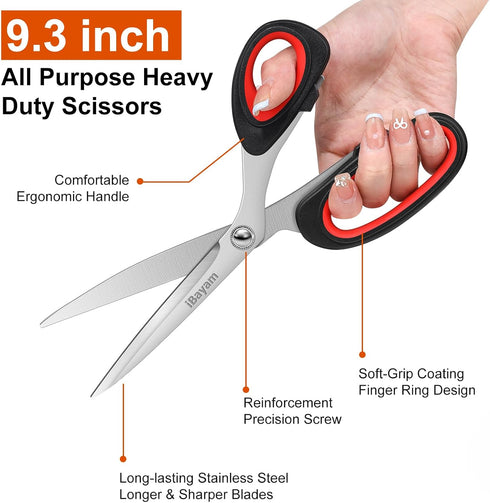 iBayam All Purpose Scissors, 9.3 Inch Heavy Duty Stainless Steel Scissors for Tailor Sewing Cutting Fabric Clothes Leather, Metal Household Fabric...