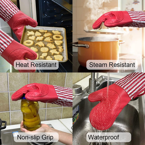 Silicone Oven Mitts Heat Resistant 932? with Waterproof & Non-Slip Kitchen Mittens, Set of 2 Extra Long Oven Gloves with Soft Cotton Terry Lining ...