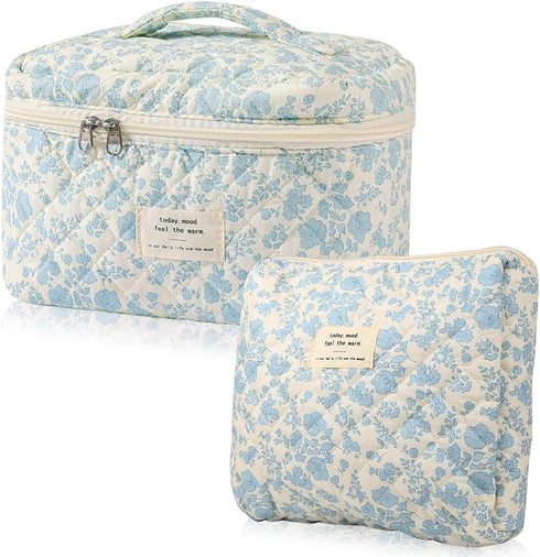 2 Pcs Cotton Quilted Makeup Bag Set, Floral Cotton Cosmetic Bag, Aesthetic Toiletry Travel Organizer Bag for Women Girls (Large+Medium)...