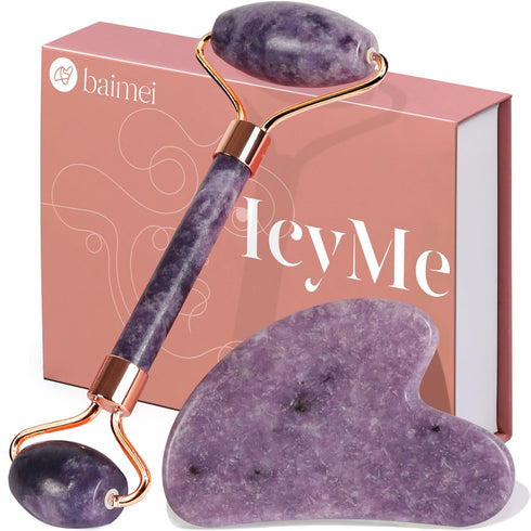 BAIMEI Jade Roller & Gua Sha Set Face Roller and Gua Sha Facial Tools for Skin Care Routine and Puffiness, Self Care Gift for Men Women - Purple...