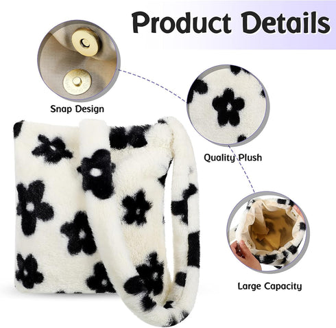 Weewooday Fluffy Shoulder Bag Ladies Plush Underarm Bag Tote Bag White Women Y2K Furry Purse Handbag for Autumn and Winter (Flower, 10.2 x 11.8 In...