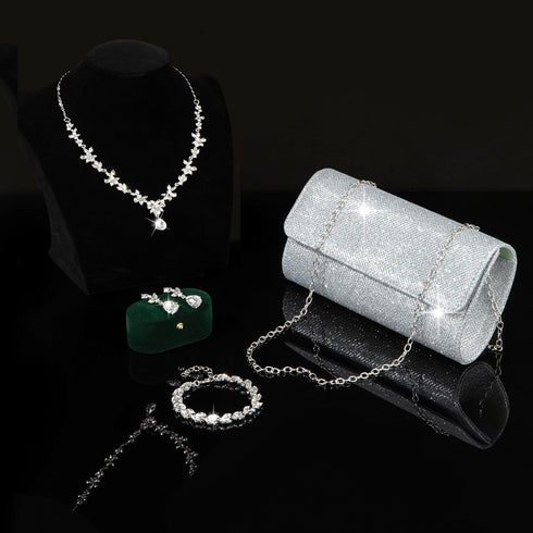 RIOSO 4Pcs Silver Jewelry Set for Women Evening Rhinestone Sparkly Clutch Purse Bag Necklace Earrings Bracelet Silver Formal Prom Costume Sets for...