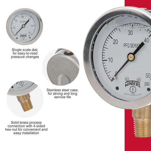 Winters 2-1/2" Dial Size, Liquid Filled Industrial Pressure Gauge, Brass Internals, 304 Stainless Steel Case, Single Scale 0-60 psi, 1.5% Acc, 1/4...