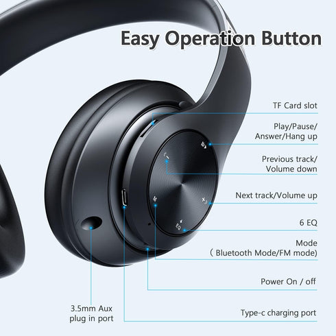 Bluetooth Headphones Over Ear, 60 Hours Playtime Foldable Headphones Wireless Bluetooth Hi-Fi Stereo Deep Bass with 6 EQ Modes, Adjustable Lightwe...