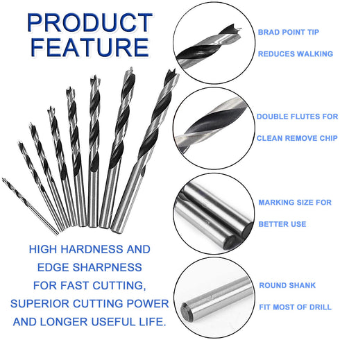 JONMON Brad Point Drill Bits - 8 Pcs 3-10mm Spur Point Spiral Twist Wood Metric Drill Bits with Durable Case Wood Working Tool for Hardwood or Sof...