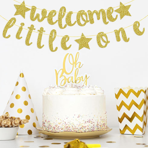 Welcome Little One Glitter Banner, Pre-strung Baby Shower Banner, Gender Reveal Party Decor (Gold)...
