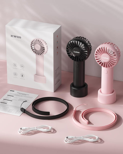 2-Pack Handheld Fan Portable Fan for Travel 3 Speeds Powerful Mini Fan Battery Operated Personal Fan USB Small Fan with Base Lanyard for Beach Tri...
