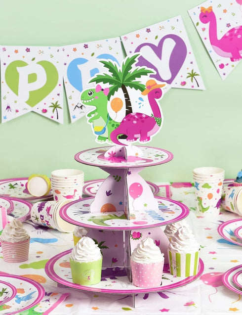 WERNNSAI Dinosaur Cupcake Stand - 3-Tier Pink Dinosaur Birthday Party Decorations for Girls Cardboard Dino Cupcake Holder Dessert Tower Round Serv...