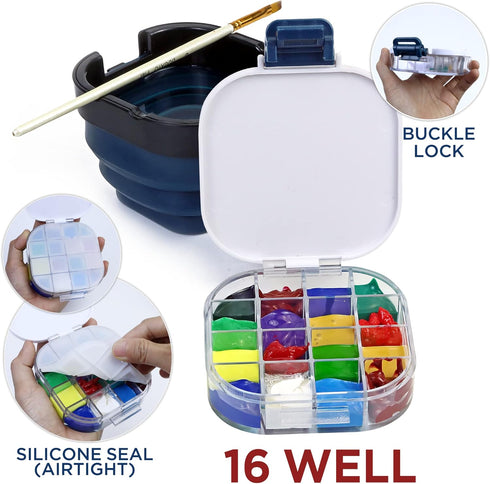 Airtight Paint Saver Storage Palette Box, 16-Well Palette Box with Lid, Include Paint Brush Basin, Perfect for Gouache, Acrylic, Watercolor and Oi...