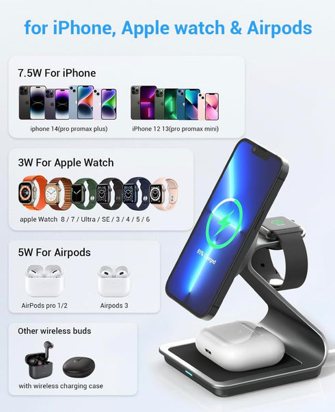 3 in 1 Wireless Charger for MagSafe, Aluminum Alloy Wireless Charging Station, Compatible with iPhone 14/13/12, Apple Watch, AirPods Pro/3/2 (Cabl...
