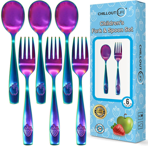 6 Piece Stainless Steel Kids Silverware Set - Child and Toddler Safe Flatware - Kids Utensil Set - Metal Kids Cutlery Set (Includes 3 Small Kids S...