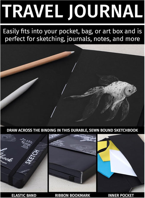 Pro Art Premier Sketch Book Travel 6"x 4" Black 74lb Black 80 Sheets, Sketch Book, Sketchbook, Drawing Pad, Sketch Pad, Drawing Paper, Art Book, D...