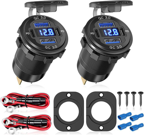 2Pcs 12V/24V Outlet with Voltmeter& ON/Off Switch, Quick Charge 3.0 Dual USB Power Outlet, Waterproof Fast Charge USB Charger Socket DIY Kit for C...