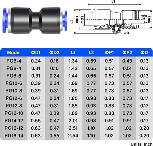 TAILONZ PNEUMATIC Straight Reducing 16mm Tube OD x 14mm Tube OD Tube OD Push to Connect Tube Fittings Push Lock PG16-14 (Pack of 2)...