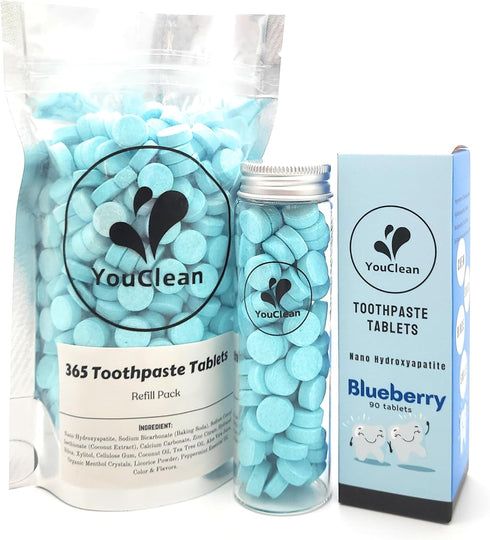 90 Toothpaste Tablets in Refill/Recycle Glass Tube - for Travel and Daily Home Office Use - Nano Hydroxyapatite, Fluoride-Free, Vegan (Blueberry90...
