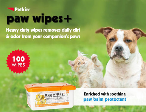 Paw Wipes Plus, 100 Orange Scented Wipes - Absorbent Pet Paw Wipes Remove Daily Dirt & Odors - Enriched with Paw Balm Protectant - Easy to Use Pet...