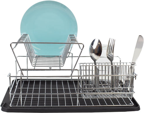 Home Basics Black Kitchen Sink Countertop 2 Tier Dish Rack and Draining Board Cutlery Holder, Fits Large Plates, Dry & Drip Tray, Full Mesh...