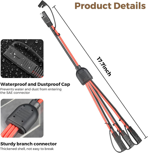 SAE Y Splitter 10AWG SAE Connector 1 to 3 Extension Cable with SAE Polarity Reverse Adapter Quick Disconnect Connector for Solar Battery Connectio...